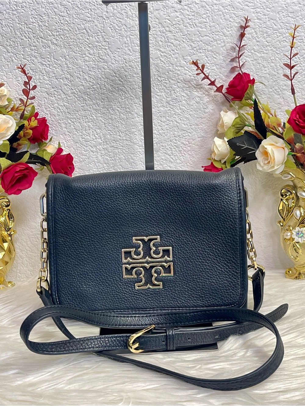 Tory Burch Black Pebbled Leather Crossbody with Gold Logo